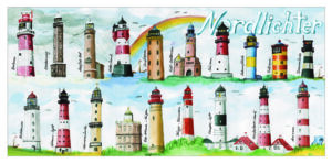 Ein Aquarellgemälde von Küstenpanorama – Nordlichter Leuchttürme entlang eines Küstenpanoramas.