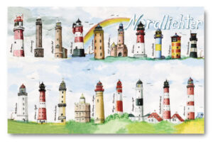 Ein Aquarellgemälde von Nordlichter – Leuchttürme an der deutschen Nord- und Ostseeküste entlang der Nord- und Ostseeküste.
