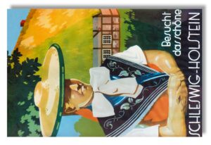 Ein Schleswig-Holstein - Plakat 1930 mit einer Frau mit Hut.